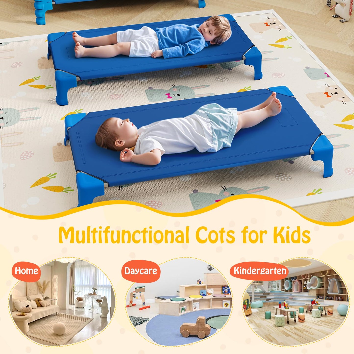 Giantex Stackable Daycare Cots for Sleeping, 53" L x 24" W Portable Nap Cots for Kids and Toddlers w/Easy Lift Corners, Space-Saving Toddler Bed for Preschool Classroom Pet Daycare, Pack of 6, Blue