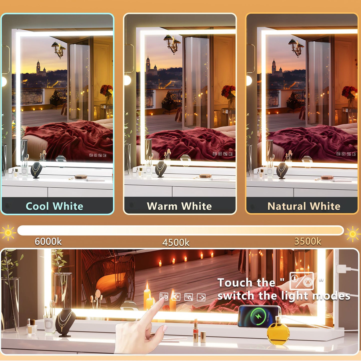 Hasipu Vanity Mirror with Lights and Bluetooth Speaker, 40" x 29.5" LED Makeup Mirror, Lighted Makeup Mirror with Dimmable 3 Modes, USB Charging Port, Square White