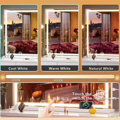 Hasipu Vanity Mirror with Lights and Bluetooth Speaker, 40" x 29.5" LED Makeup Mirror, Lighted Makeup Mirror with Dimmable 3 Modes, USB Charging Port, Square White