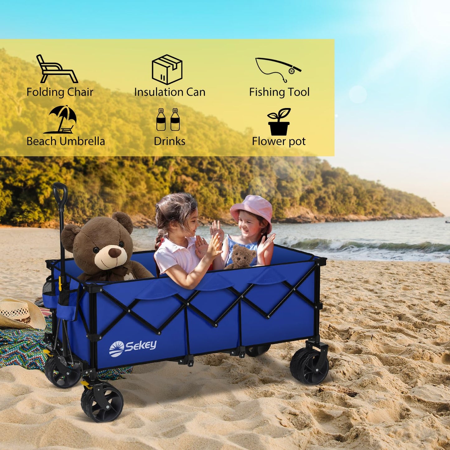 Sekey Extended Collapsible Foldable Wagon with 660lbs Weight Capacity, Heavy Duty Folding Utility Garden Cart with Big All-Terrain Beach Wheels & Drink Holders. Royal Blue