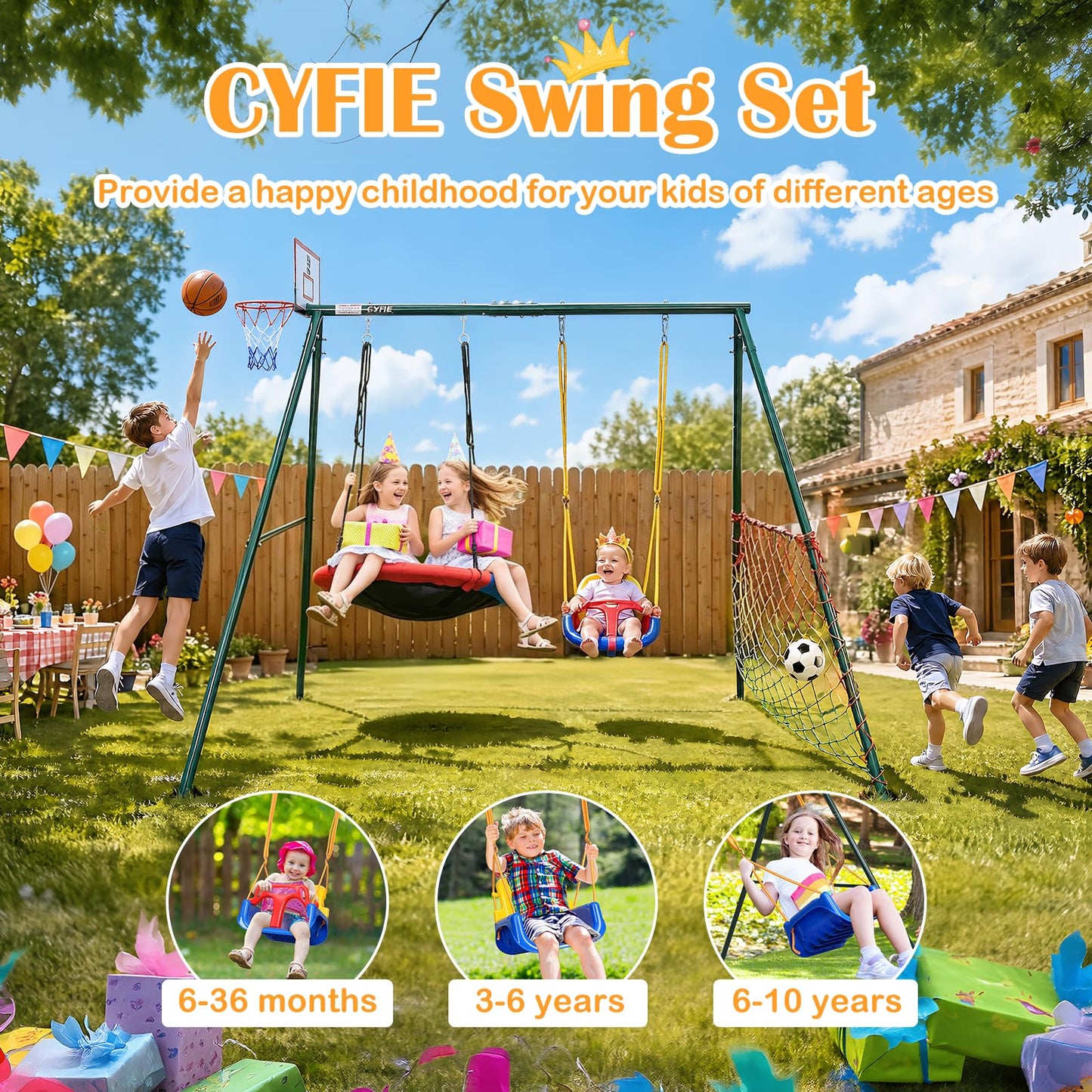CYFIE Swing Sets for Backyard, 7-in-1 Kids Swing Set and Saucer Swing, Outdoor 440lbs Heavy Duty Metal Frame Stand, Basketball Hoop and Soccer Goal, Toddler Playset for Backyard, Playground