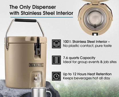 Insulated Beverage Dispenser for Hot Drinks - Hot Cocoa and Coffee - 2 Gallon with Stainless Steel Interior- Portable Sports Drink Dispenser for Camping, Outdoor Events, Parties, & More - Blue