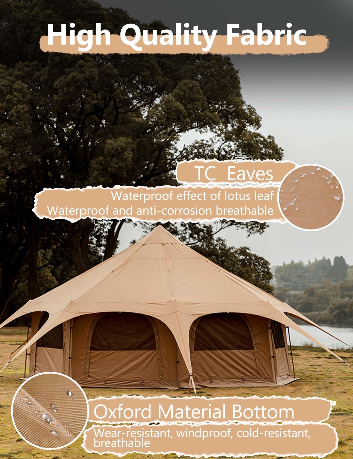 Thcbme 5M Cotton Canvas Bell Tent - Yurts with Stove Jack, Windproof, Breathable Shade, Family Camping Travel, Group Activities, 4 Season Polyester (6-10People), Khaki, 16.4ft (MXT16.4ft-KQ)