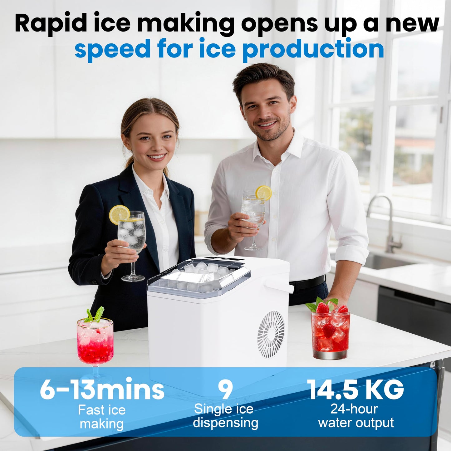Countertop Ice Maker Machine with Portable Handle, Basket and Scoop, 26lbs Daily, 9 Ice Cubes Ready in 6 Mins, Auto-Cleaning for Home, Kitchen, Office, Outdoors, RV Camping.