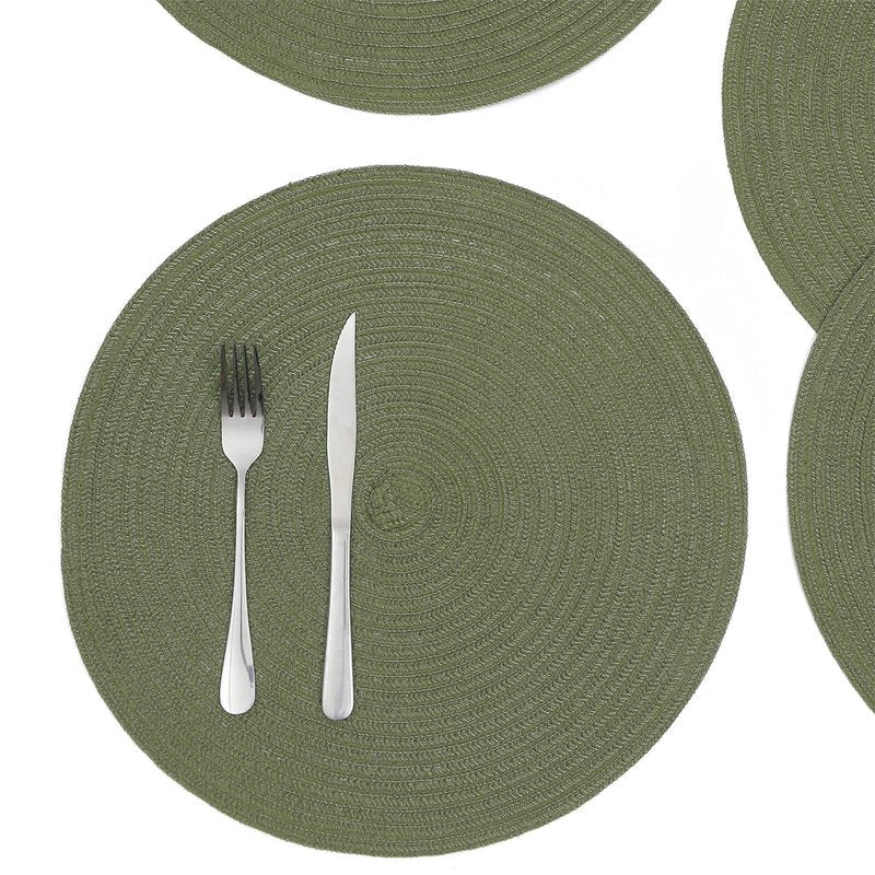 SHACOS Round Placemats Set of 8 Washable 15 inch Round Table Mats Cotton Polyester Woven Braided Place Mats for Dining Table Wedding Party Decor (Olive Green, 8)
