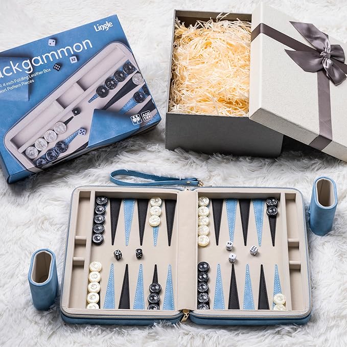 Backgammon Sets for Adults Classic Board Game with Folding Faux Leather Backgammon Case Portable Travel Backgammon Game Set (Blue)