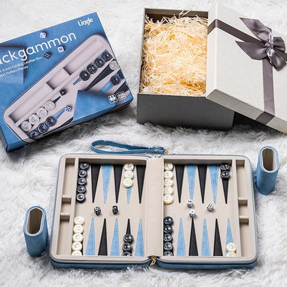 Backgammon Sets for Adults Classic Board Game with Folding Faux Leather Backgammon Case Portable Travel Backgammon Game Set (Blue)