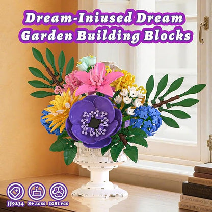 Flowers Bouquet Botanicals Collection Building Sets with Vase Artificial Flowers Arrangement Building Toys Pretty Home Decor Table Decor Birthday Gifts for Women Gf Adults Girls Age 14+ (1081 PCS)