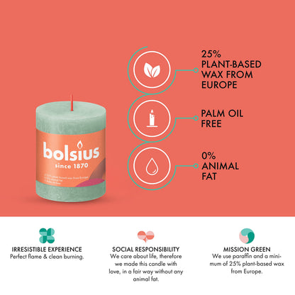 BOLSIUS 4 Pack Sage Green Rustic Pillar Candles - 2.75 X 3.25 inches - Premium European Quality - Includes Natural Plant-Based Wax - Unscented Dripless Smokeless 35 Hour Party and Wedding Candles