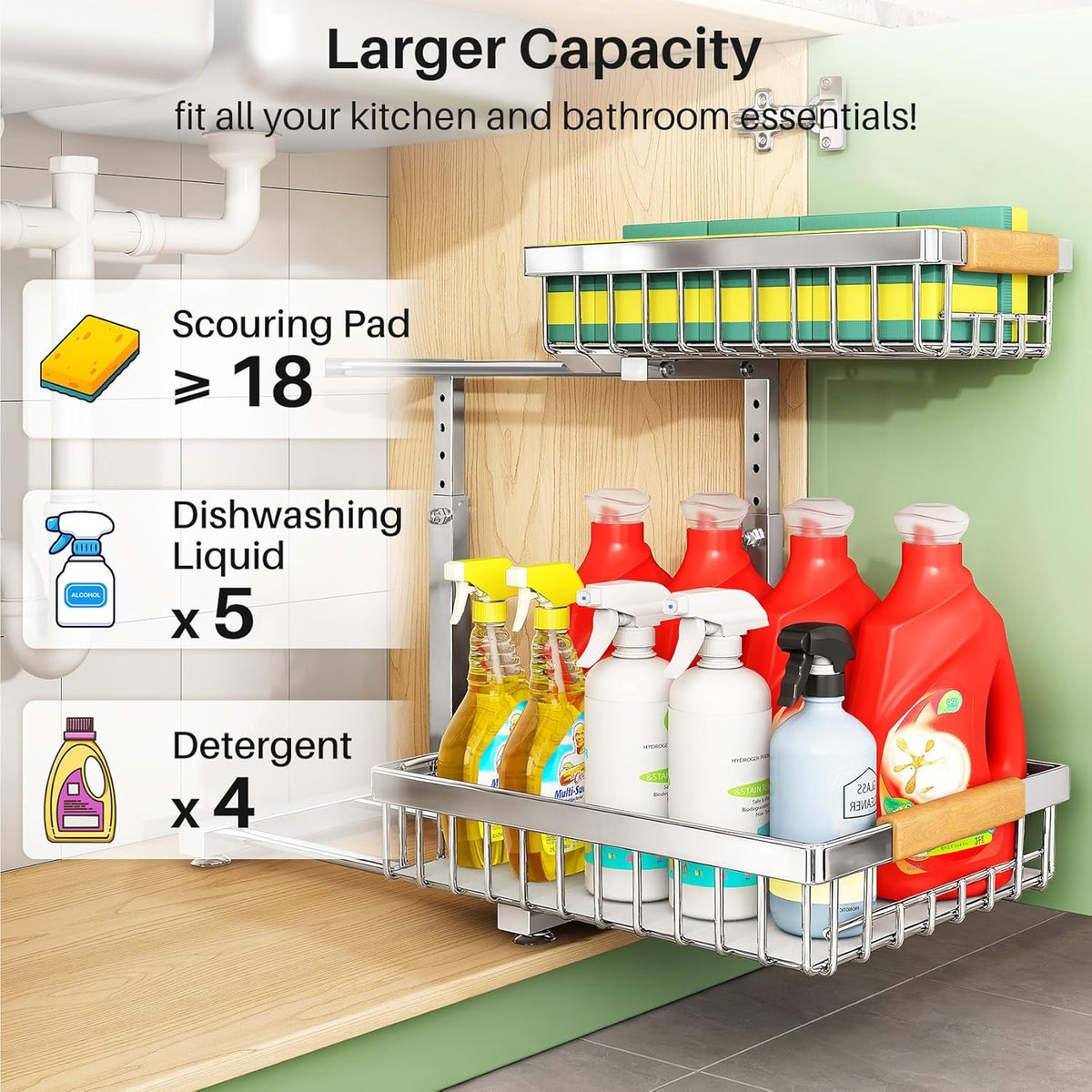 Skiennix Under Sink Organizer - Stainless Steel 2-Tier Storage Rack | Pull-Out Cabinet Shelf for Kitchen & Bathroom