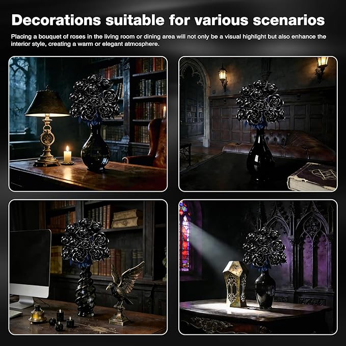 Rose Rotating Everlasting Flower Building Set Compatible Artificial Bouquet Elegant Home/Office Decor Accent for Tabletop Display Long-Lasting Home Decoration (Black)