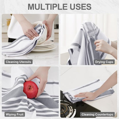 Homaxy Premium Kitchen Towels 18”x 28”, Large Cotton 380 GSM Kitchen Hand Towels, Stripe and Terry Dish Towel, Highly Absorbent Tea Towel Set with Hanging Loop, 8 Pack, Grey