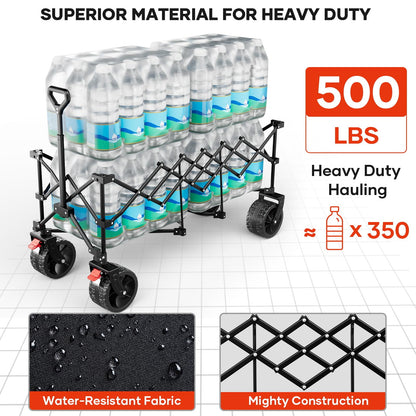 49" L Collapsible Extended Wagon with 500lbs Weight Capacity,300L Heavy Duty Sports Wagon,Big All-Terrian Wheels with Cup Holders,Cart for Sports,Grocery,Shopping