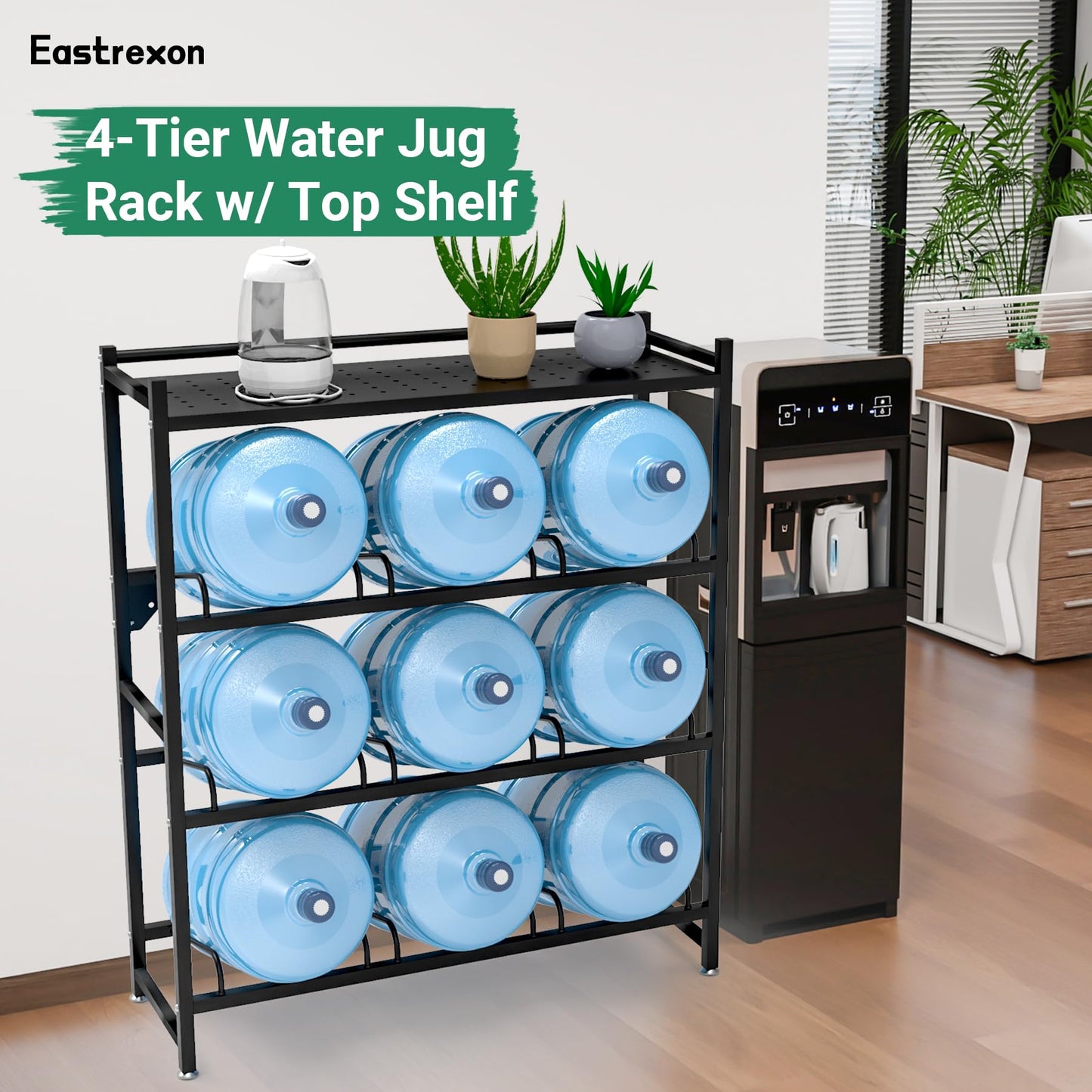 Eastrexon 5 Gallon Water Jug Holder Heavy Duty，4-Tier Water Jug Rack w/Top Shelf, Wall Mount Water Bottle Holder for 9 Bottles, Powder Coated Water Rack Stand for Home, Office, Restaurant, Gym.
