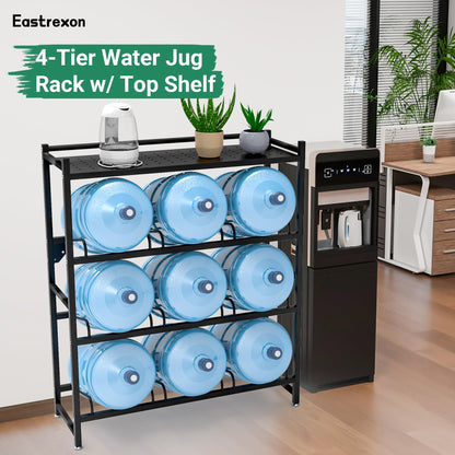 Eastrexon 5 Gallon Water Jug Holder Heavy Duty，4-Tier Water Jug Rack w/Top Shelf, Wall Mount Water Bottle Holder for 9 Bottles, Powder Coated Water Rack Stand for Home, Office, Restaurant, Gym.