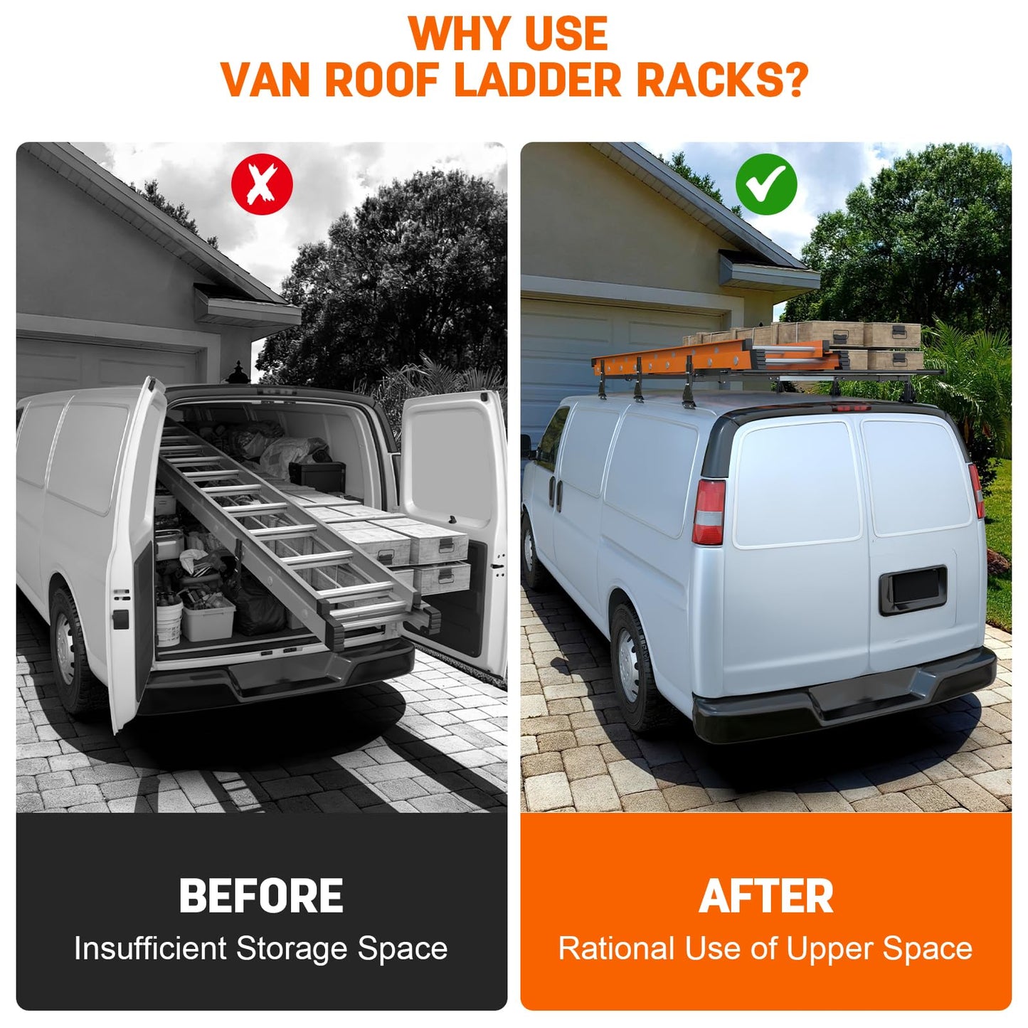 Universal Van Roof Ladder Racks with Rear Roller-3 Bars,Adjustable Length 46.8''-63.4'',Compatible with 1996-up Chevy Express 1500 2500 3500,Ford Econoline GMC Savana Fullsize .800LBS Load-Capacity