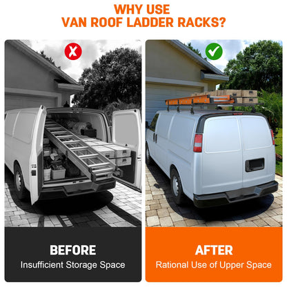 Universal Van Roof Ladder Racks with Rear Roller-3 Bars,Adjustable Length 46.8''-63.4'',Compatible with 1996-up Chevy Express 1500 2500 3500,Ford Econoline GMC Savana Fullsize .800LBS Load-Capacity