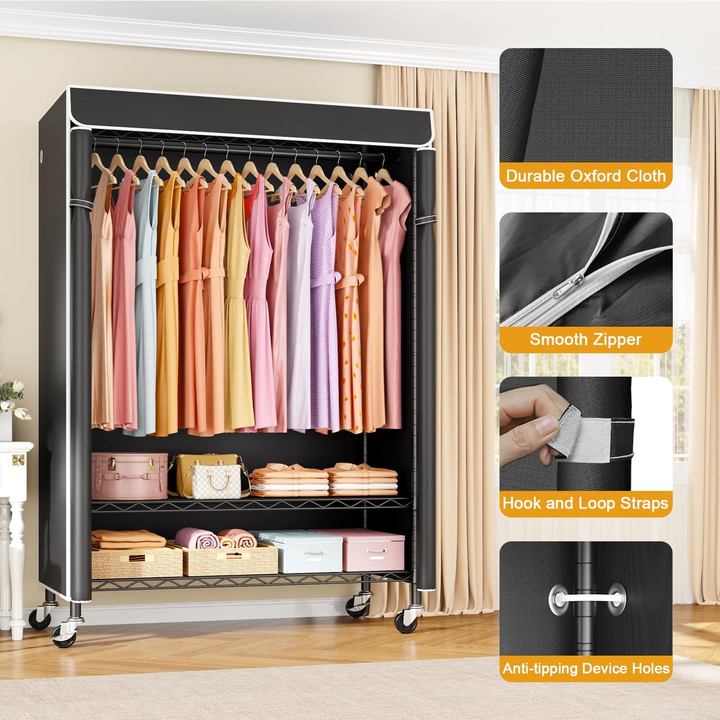 ULIFHOME P6C Plus Rolling Clothes Rack with Cover, Covered Clothing Rack Heavy Duty, Portable Closet for Hanging Clothes, Garment Rack on Wheels, Black Closet Rack with Black Cover, Max Load 375LBS