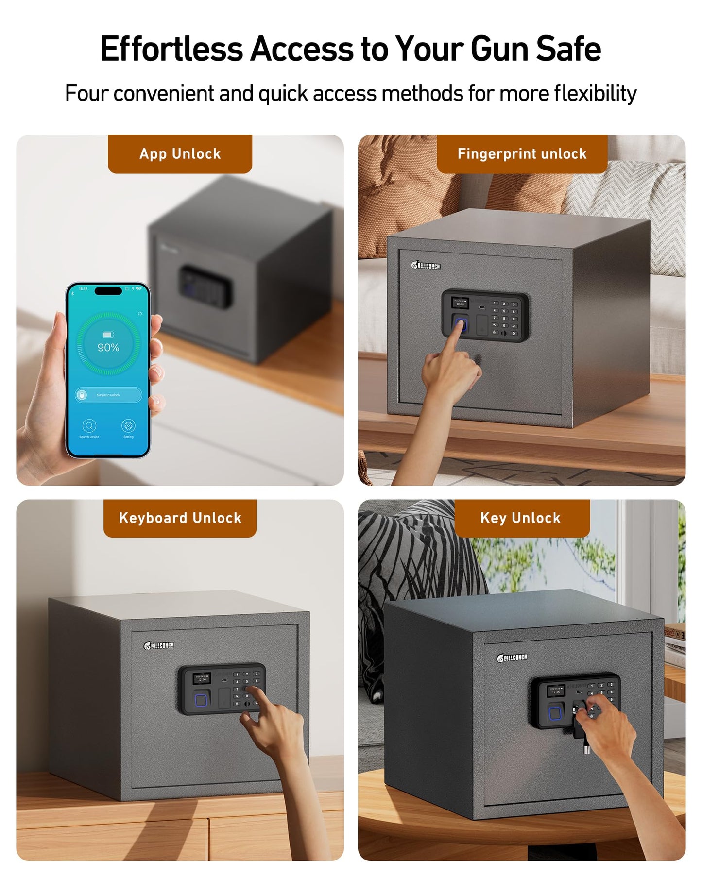 Billconch Smart Gun Safe for Multiple Pistols - Automatic Lock Safe Box with LCD Display/Voice Guide, Quick Access Unlock with Fingerprint/Keypad/Key/App, Biometric Handgun Safe for Money Valuables
