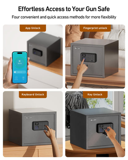 Billconch Smart Gun Safe for Multiple Pistols - Automatic Lock Safe Box with LCD Display/Voice Guide, Quick Access Unlock with Fingerprint/Keypad/Key/App, Biometric Handgun Safe for Money Valuables