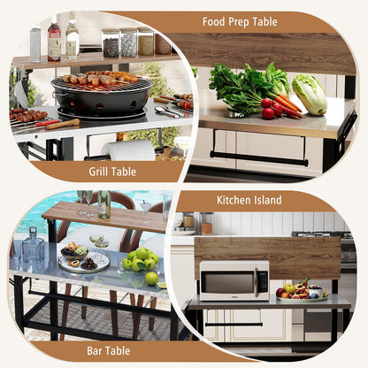 Giantex Outdoor Bar Table with Flip-Up Top & Foldable Side Table, 4-Tier Grill Stand with Storage Shelves, Hooks, Paper Towel Holder, Patio Kitchen Island Food Prep Cooking Station