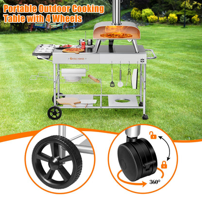 GRILL FORCE Pizza Oven Table with Cover, Outdoor Grill Table with Cover, Grill Cart, Movable Pizza Oven Cart, Portable Food Prep Table for BBQ Camping, Fits Pizza Oven, Ninja Woodfire, Blackstone