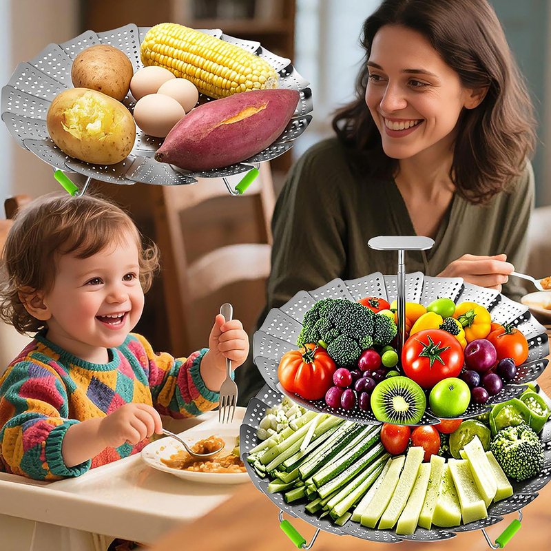 VOGARB Vegetable Steamer Basket for Pot, 2 Layer Separable-Collapsible-Expandable Smooth Edge Stainless Steel for Kitchen and Outdoor Cooking Food