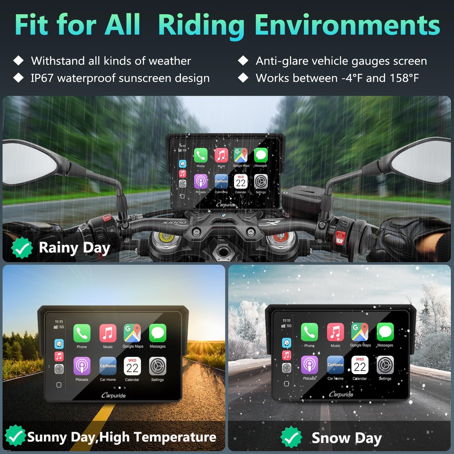 CARPURIDE W502BS for BMW Motorcycle CarPlay & Android Auto Dual Bluetooth, 5" Waterproof GPS Navigation Screen, Data Reading, Native Wonder, TPMS, Light Sensor, Music Sharing, Intercom, 16-Pin