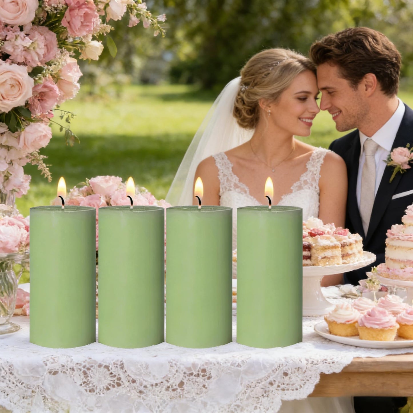 4 Pack Sage-Green Pillar Candles, 2x4 Inch, Long-Lasting, Dripless and Smokeless Unscented Candles, Ideal for Home Décor, Parties Weddings and Relaxation