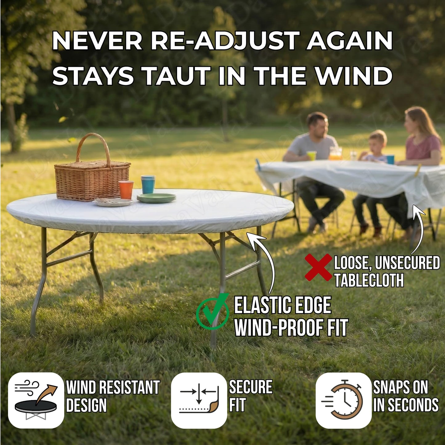 Kwik-Covers 10 Pack of Round Plastic Table Covers - 60" or 72" Round - Indoor or Outdoor Fitted Covers (Tables NOT Included) (White, 72" Round)