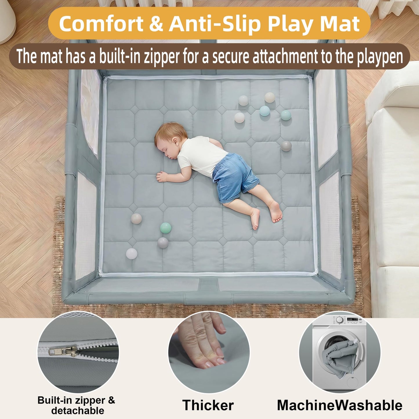 Foldable Playpen with Detachable Thicken Mat,59x71 Inches Portable Playpen,Collapsible Play Pen for Babies and Toddlers,Indoor & Outdoor Baby Fence Play Area,Cold Gray