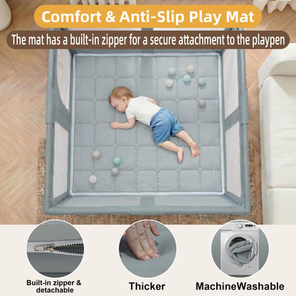 Foldable Playpen with Detachable Thicken Mat,59x71 Inches Portable Playpen,Collapsible Play Pen for Babies and Toddlers,Indoor & Outdoor Baby Fence Play Area,Cold Gray
