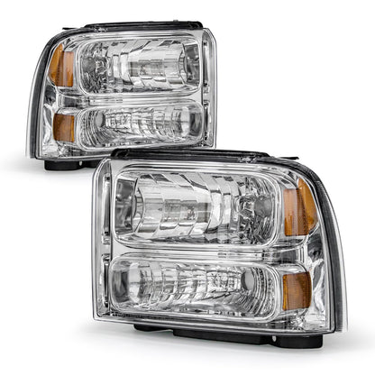 AXLAHA Headlight Assembly for 2005 2006 2007 Ford F250 F350 F450 F550 Super Duty Chrome Housing Amber Reflect 05 Ford Excursion Headlamps Driver and Passenger Side