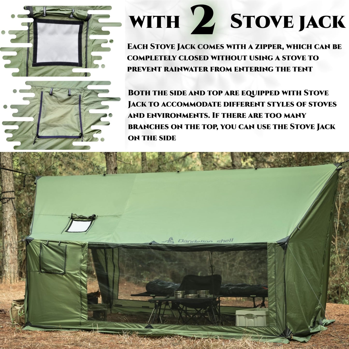 Dandelion Shell Hammock Hot Tent with Stove Jack and Double-Sided mesh Windows - Spacious, Versatile Wall Tent with Snow Skirt(No Poles)-Green Waterproof & Windproof, Ideal for Camping, Backpacking
