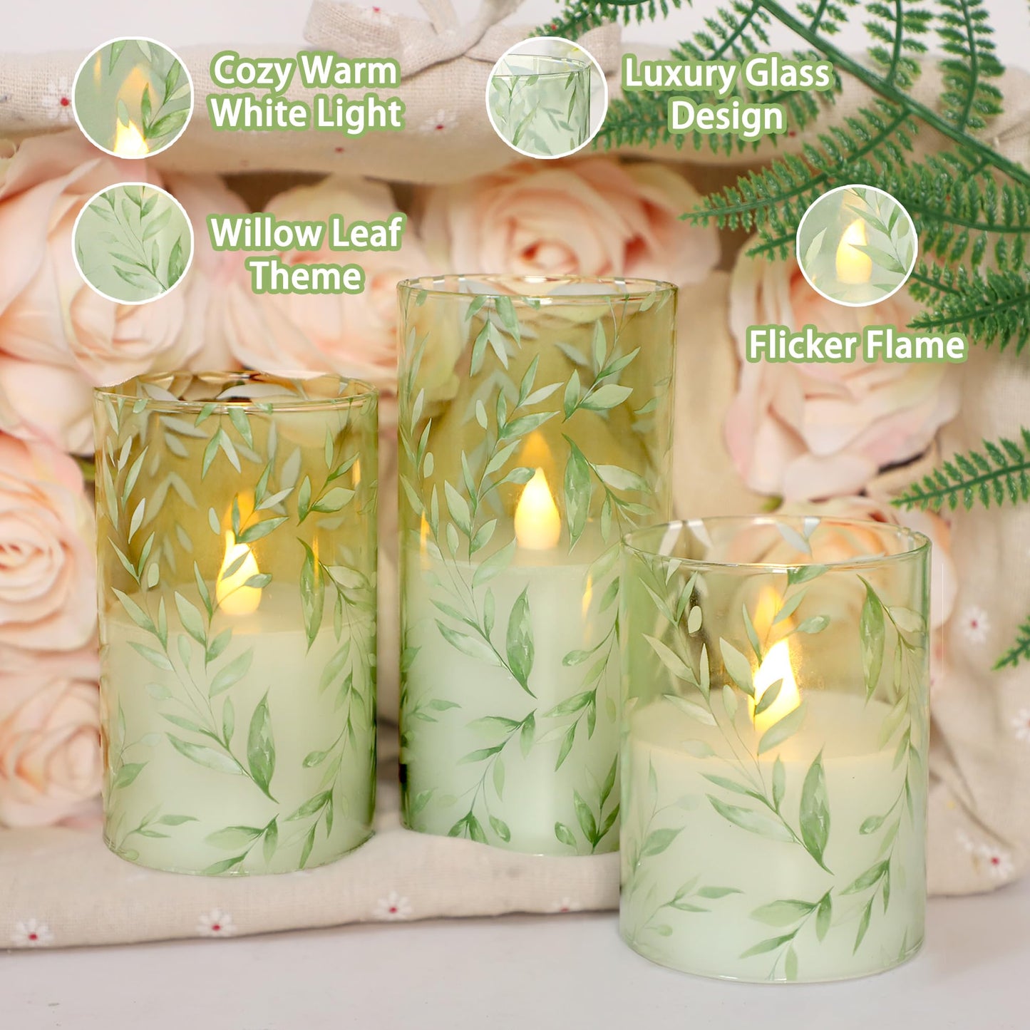 Immeiscent Glass Flameless Candles Green Decor Willow Leaves Vines Greenery Battery Operated LED Pillar Candles for Elegant Home Botanical Decor Special Occasions, Set of 3