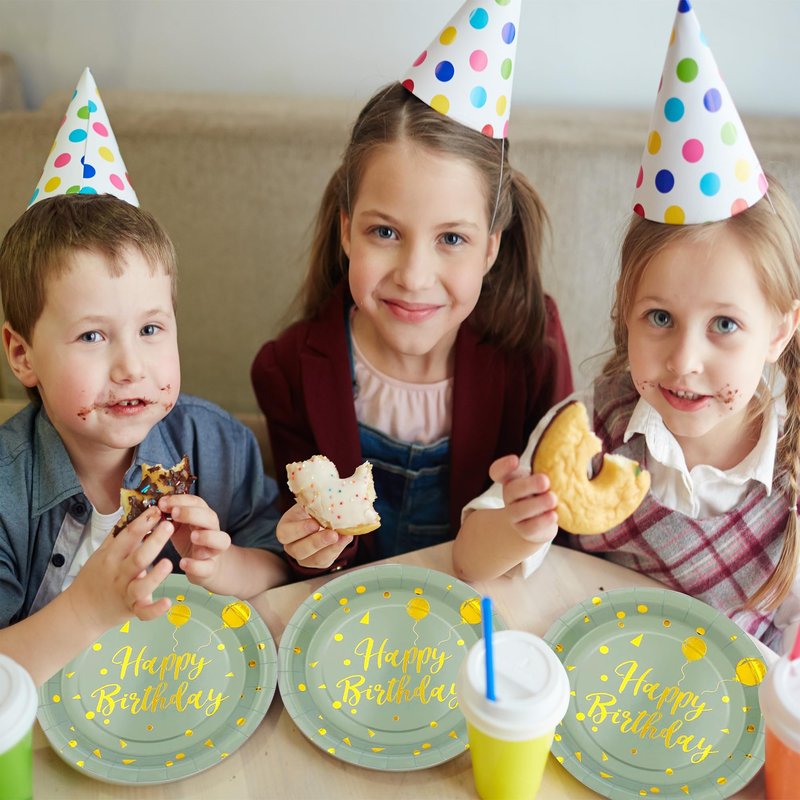 72PCS Happy Birthday Paper Plates - Sage Green and Gold Tableware Set Include 7Inch Paper Plates 6.5 Inch Napkins and 6.3 Inch Forks Disposable Decoration Supplies for Birthday Party,Serve 24