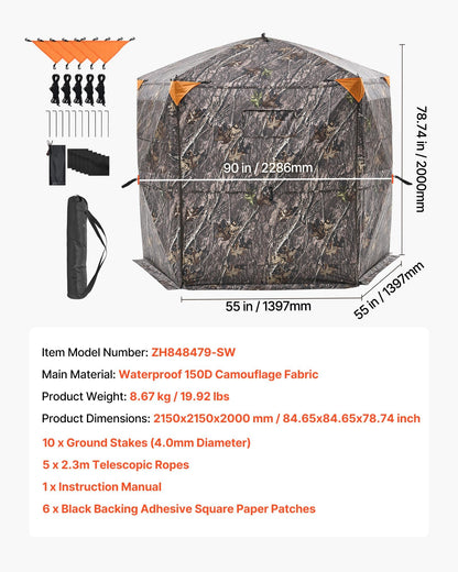 VEVOR Hunting Blind, 6-7 Person Ground Blinds with Carrying Bag, Portable Camouflage Tent, Reinforced Durable Concealed Shelter with Silent Zipper Door and Window, for Turkey and Deer