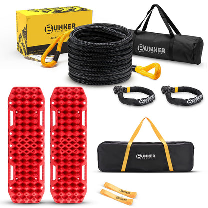BUNKER INDUST Traction Boards with Jack Base Black (Red) + 1"×30ft Kinetic Recovery Rope with 2 Soft Shackles Kit