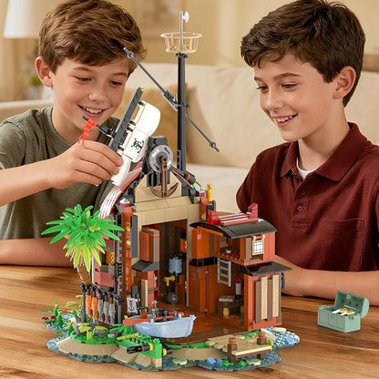Pirate Shipwreck Building Set - Pirate Ship House Building Kit with Boat Tavern Treasure and More Birthday Gifts for Boys Families Building Time Kit