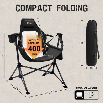 Portal Hammock Camping Chair, Portable Outdoor Swinging Chairs with Adjustable Back and Height for Lawn, Backyard, Patio, Supports 400 lbs, Breathable Mesh High Back, Black