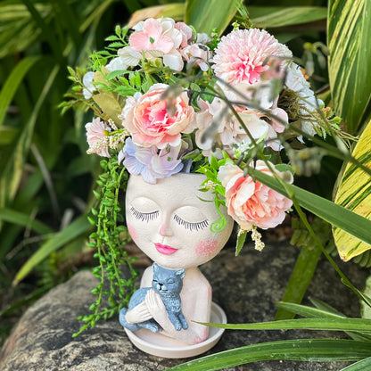 ASDFG Face Plant Pots Head Planters - Face Flower Pot Head Planter with Cat, Succulent Pots with Drainage Hole, Resin Lady Planter for Indoor Outdoor, Home Decor, Mother's Day/Women Gifts