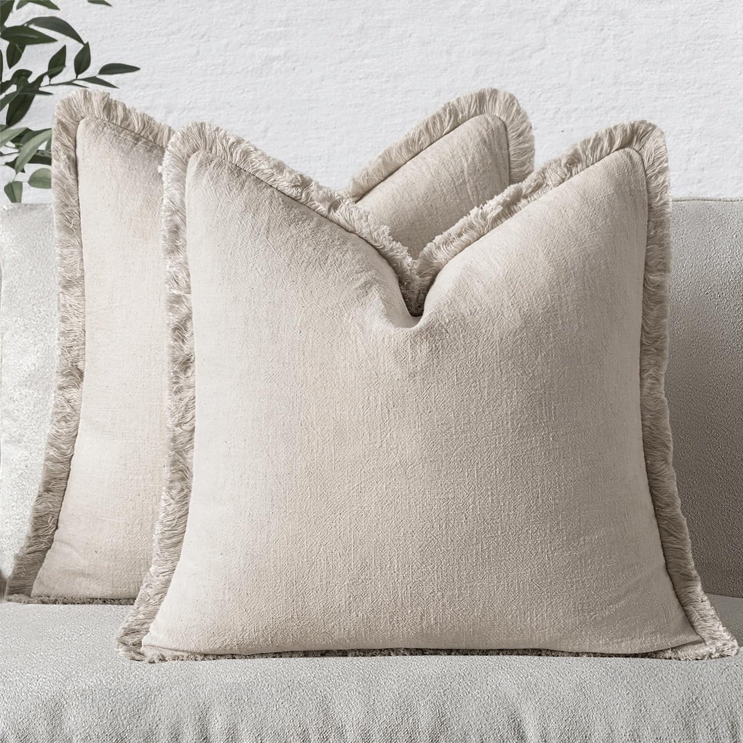 MIULEE Christmas Decorative Throw Pillow Covers Neutral Linen Fringe Fall Throw Pillows Set of 2 Natural Beige Boho Farmhouse Cushion Covers with Tassels for Couch Sofa Bed Home Decor 20x20 Inch
