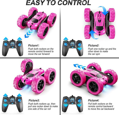 RC Cars Rose Remote Control Car for Girls 2.4 GHZ Double Sided RC Stunt Car 360° Rotating Remote Control Crawler with Headlights Car Toys for 6 7 8 9 10 11 12 Girls Birthday Gift