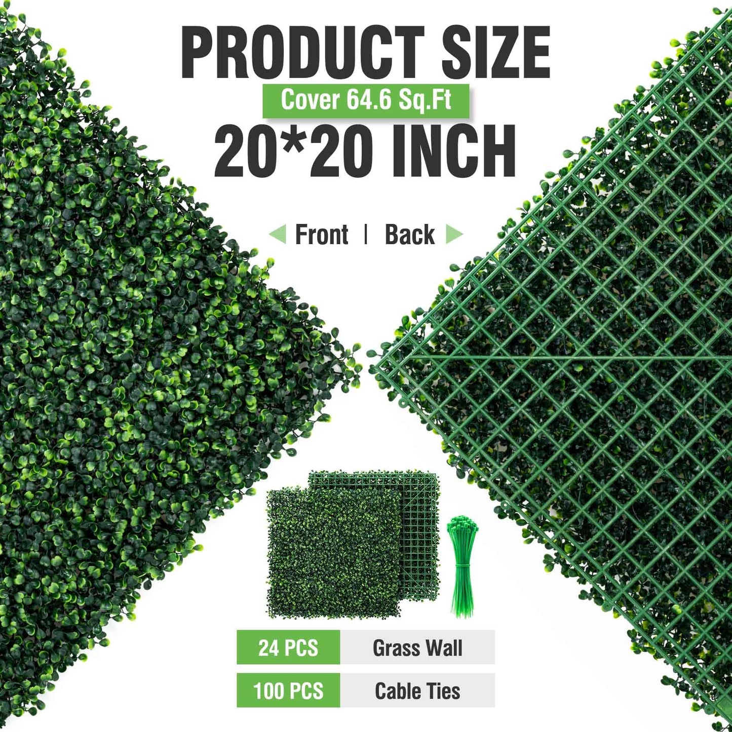 KASZOO 24 Pack 20"x20" Grass Wall Panels - Artificial Boxwood Panels for Greenery Wall Backdrop, Faux Greenery for Indoor Outdoor Decor, Garden Fence, Wedding, Privacy Screen, 66 Sq. Ft. Coverage