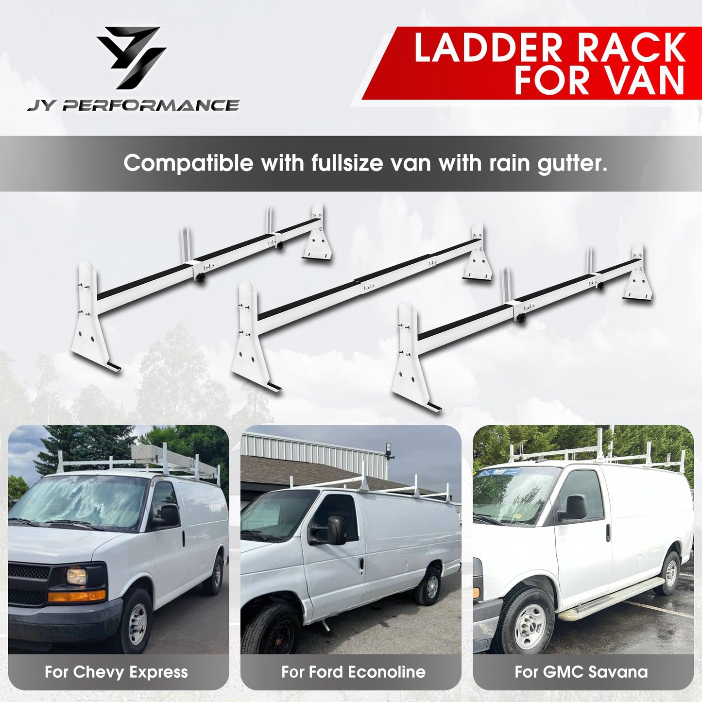 Ladder Rack for Van, Van Roof Rack Compatible with Chevy Express 1500 2500 3500 Ford Econoline GMC Savana Fullsize with Rain Gutter, Adjustable Length 57''-65'', 3 Bars, 800 Lbs, White