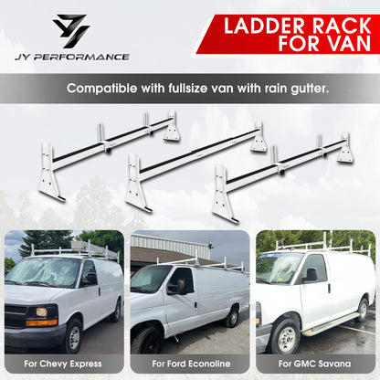 Ladder Rack for Van, Van Roof Rack Compatible with Chevy Express 1500 2500 3500 Ford Econoline GMC Savana Fullsize with Rain Gutter, Adjustable Length 57''-65'', 3 Bars, 800 Lbs, White