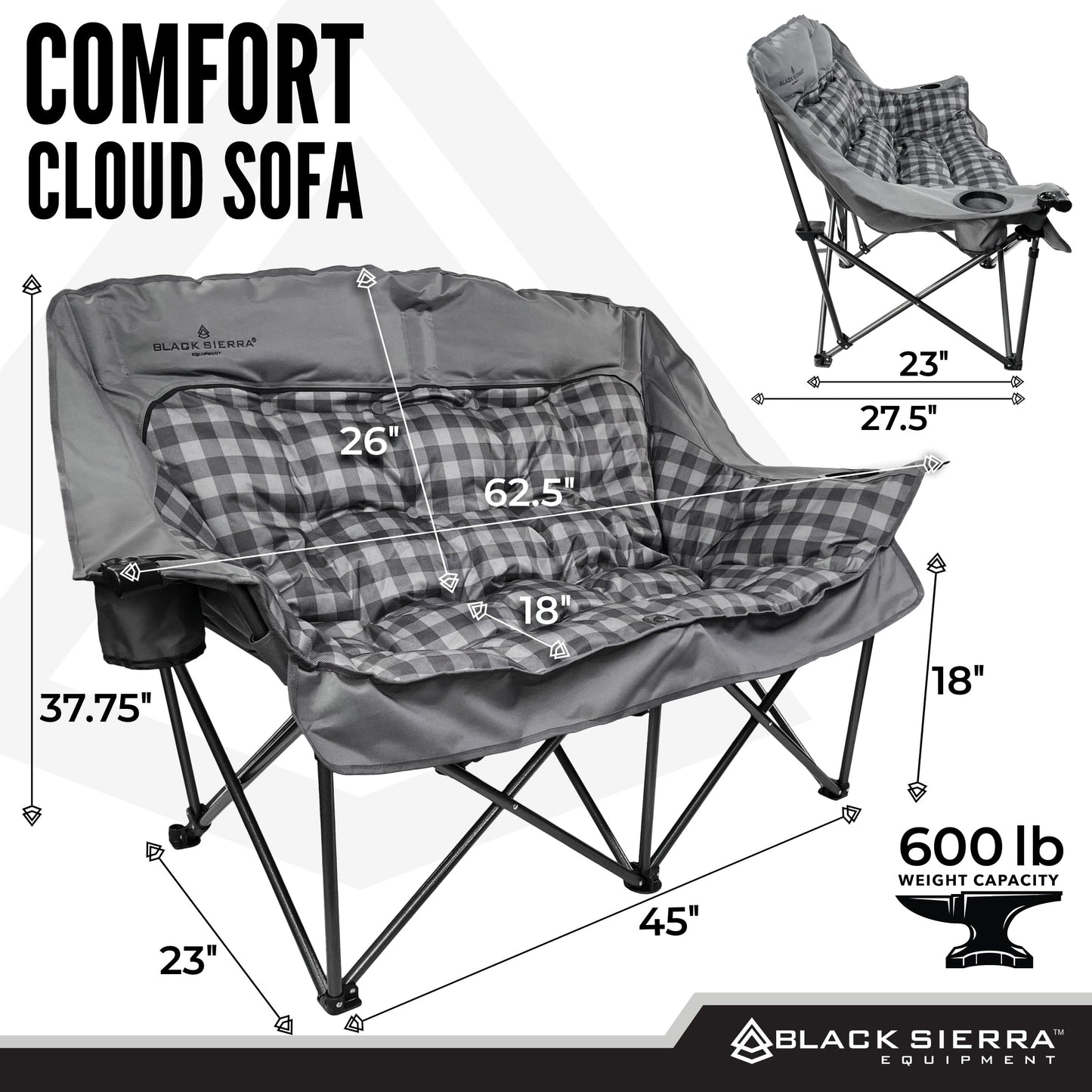 Black Sierra Double Loveseat Comfort Camping Couch, Oversized Folding Chair for Adults, 600‑lb Capacity, Plush Padded Heavy Duty Outdoor Seat with Cup Holders & Carry Bag for Beach, RV