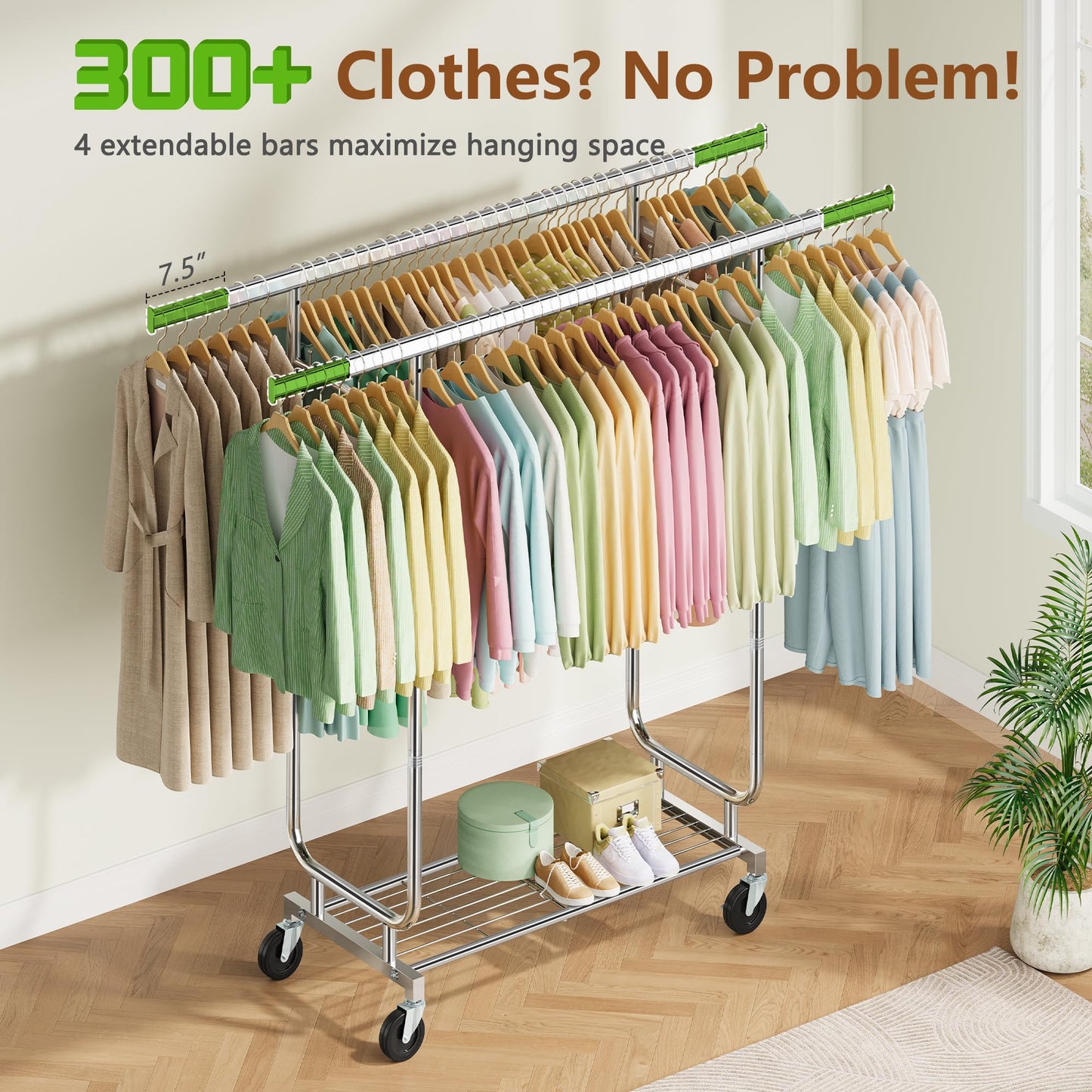 Heavy Duty Rolling Clothes Rack, 620 LBS Load Double Rod Adjustable Garment Rack with Storage Shelves & Lockable Wheels, Portable Clothing Rack for Hanging Clothes for Bedroom, Laundry Living Room