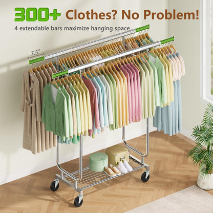 Heavy Duty Rolling Clothes Rack, 620 LBS Load Double Rod Adjustable Garment Rack with Storage Shelves & Lockable Wheels, Portable Clothing Rack for Hanging Clothes for Bedroom, Laundry Living Room