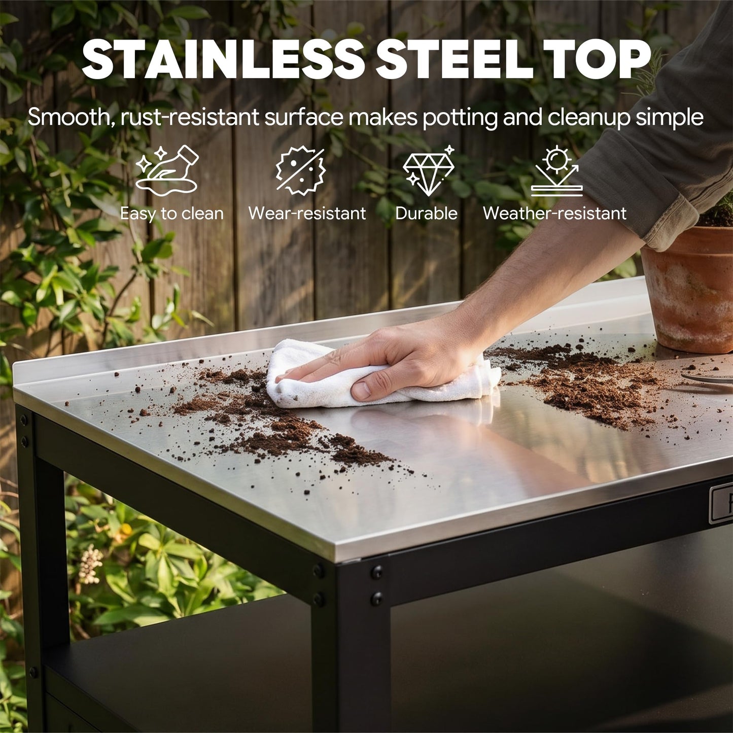 Feasto Outdoor Potting Bench with Storage Cabinet, Garden Work Bench & Potting Table, Stainless Steel Tabletop Potting Station for Patio Lawn Greenhouse Gardening